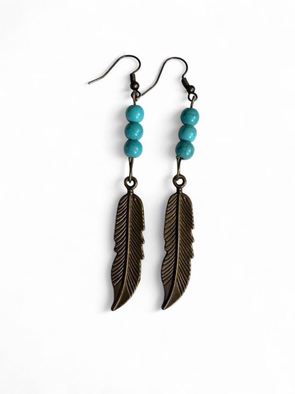 Turquoise + Bronze Feather Earrings (Handmade)